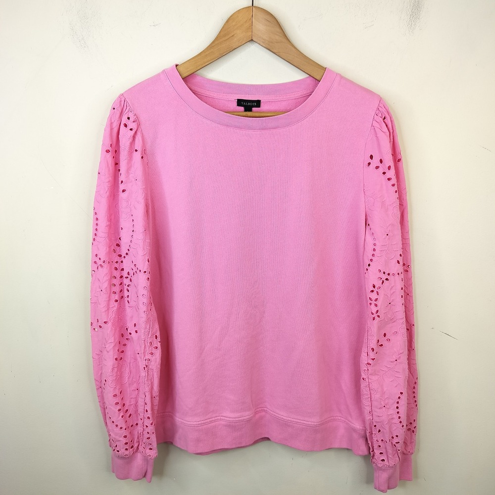 Talbots Pink Sweatshirt Large Eyelet Embroidered Puff Sleeve Preppy Pullover